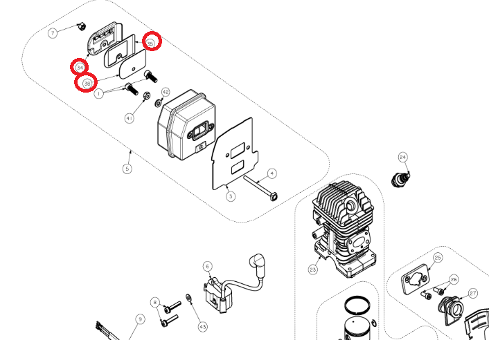Äänenvaimentimen tiivisteosat sarja, Ryobi moottorisaha RCS4040CB, 5131020403, 5131020387, 5131020405 POISTOTUOTE