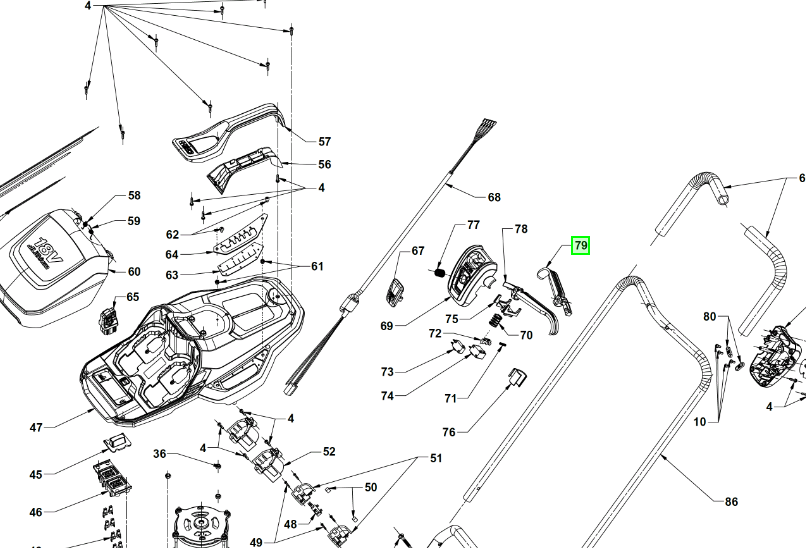 Kytkinvipu/kahva, oikea puoli, Ryobi OLM1833B, RLM18LM37A140, 5131042849